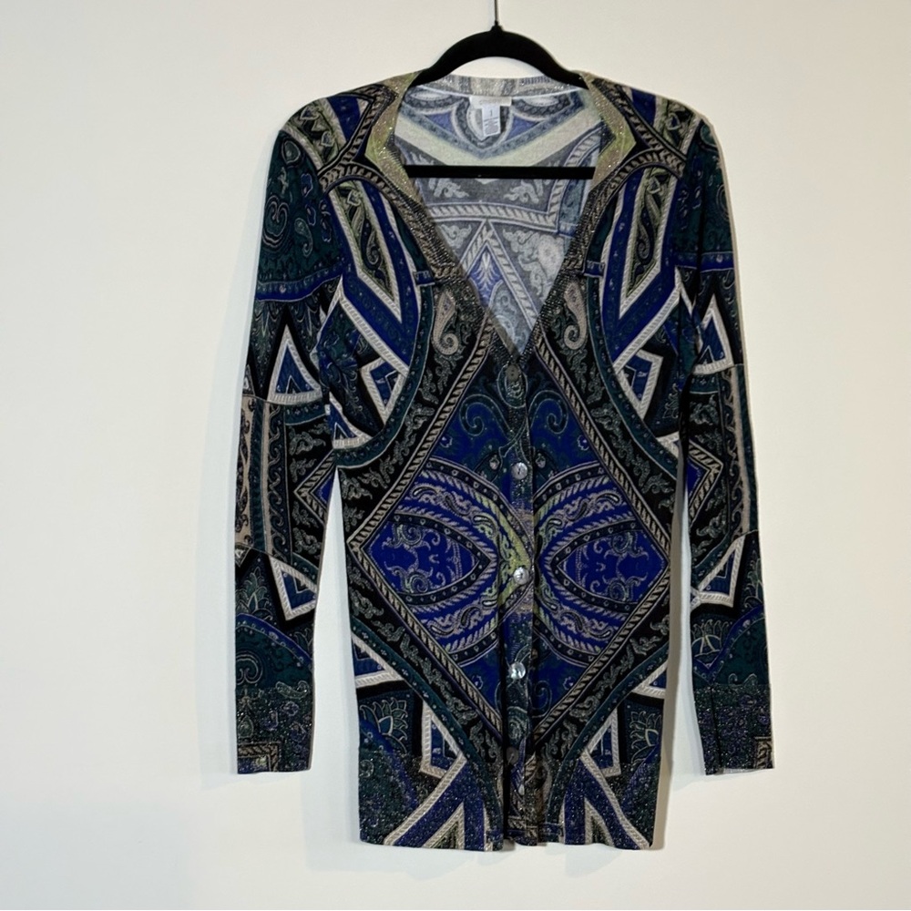 Chico’s Paisley Geometric Knit Cardigan Top Blue Green Metallic Womens S/M